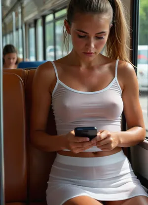 Hot summer, reading very deeply tanned 28yo woman sitting on a seat in a crowded bus reading concentrated in her smartphone, ((braless see-through transparent tight white camisole)), ((miniskirt)), very long tight high pony tail, woman reading concentrated in her smartphone, athletic body, narrow waist, thigh gap, round peaky medium breasts and peaky nipples, sweating, glooming deeply tanned skin, shaved pussy, deeply tanned, sunny day, clothes, CN, Girl6, motion, blur, Braless, braless, Wearing, that, make, sense, with, Braless>, <lora:bralessSDXL_v1_00022:1.1>, <lora:Midjourney Image Enhancer XL v1:1>, <lora:add-detail-xl:1>, <lora:BUT_SDXL_SHS:1>