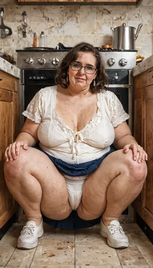 (full body shot), (upskirt POV), (ugly:1.6), (dirty short brunette hair), glasses, curvy, voluptuous 65 year old housewife squatting in a kitchen wearing a skirt, blouse, white briefs, she is parting her legs., (obese:1.2), (fat legs), (old:1.7), <lora:NPC_Sitting_Crossed_Legs:.8>