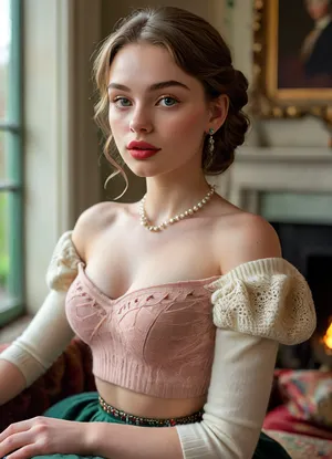 (masterpiece, best quality, ultra-detailed, photorealistic, HDR, extreme close-up portrait, face centered in the frame, direct eye contact with viewer, every feature in the sharpest focus, high-glamour cinematic beauty lighting), female, 18 years old, Emily, British, with a strikingly sexy, ultra-attractive yet gentle and refined youthful appearance, absolutely symmetrical facial structure, flawless luminous fair porcelain skin with a subtle rosy flush, delicately contoured jawline and petite rounded chin, high softly sculpted cheekbones with light pink blush and dewy highlights, refined petite nose with a classic English shape and softly upturned tip, very large dazzling almond-shaped light gray-green eyes, soft limbal rings, elegant elongated outer corners, ("fox eyes"), moist glossy waterline, ultra-long thick upward-curled dark blonde lashes, naturally defined arched light brown brows, tiny beauty mark at the corner of her right eye, plush softly blushed cheeks, (extremely full, heart-shaped, ultra-glossy, enlarged plump lips:1.5), lips painted in rich deep rose lacquered lipstick, parted in a poised, inviting smile showing a glimpse of perfect white teeth, eyelids adorned with shimmering champagne and soft sage eyeshadow, classic winged eyeliner, delicate smoky taupe accent, every eyelash and brow hair rendered in precise detail, exactly even spacing between brows and nose, fine pale hairs along the hairline, (flawless, ultra-long, thick straight chestnut brown hair cascading well past her hips, framing her face and styled in an elegant low chignon with pearl and emerald pins:1.2), expression radiates both classic English grace and natural sensuality, pronounced hourglass figure, (large full natural round breasts:1.2), ultra-narrow sculpted waist, (fully revealed navel and bare waist, the upper part of her wide hips and thighs clearly visible:1.2), dressed in a luxurious off-shoulder ivory cashmere crop sweater with fine British cable-knit pattern, extra deep plunging neckline emphasizing her cleavage, ultra-short designer tartan mini skirt in muted green and navy, sheer premium nude over-the-knee stockings, stylish cream suede ankle boots with gold buckles, elegant pearl earrings, matching emerald-gold bracelet, pearl necklace and pearl hair accents, seated gracefully in front of a grand stone fireplace in an opulent Georgian manor house, holding a delicate bone china teacup with Earl Grey tea, surrounded by velvet throws, classic library shelves, flickering candlelight, sunlight streaming through tall sash windows with view on English garden, refined British winter atmosphere, every facial feature and all details perfectly and sharply rendered, five distinct non-fused fingers on each hand, <lora:MJ52:1>, <lora:SDXLHighDetail_v6-000005:.8>, <lora:Microwaist_XL_v01:.8>