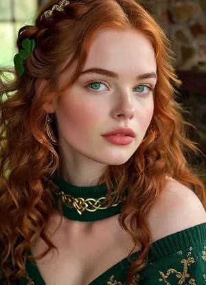 (masterpiece, best quality, ultra-detailed, photorealistic, HDR, extreme close-up portrait, face centered in the frame, direct eye contact with viewer, every feature in the sharpest focus, high-glamour cinematic beauty lighting), female, 18 years old, Siobhan, Irish, with an enchanting, ultra-attractive yet sweet and youthful Celtic appearance, perfectly symmetrical facial structure, flawless luminous milky-pale skin dusted with natural freckles, softly rounded jawline and petite oval chin, high well-defined cheekbones with warm peachy blush and radiant highlights, refined petite nose with a slight upturn, very large sparkling almond-shaped emerald green eyes, intense dark limbal rings, elegant elongated outer corners, ("fox eyes"), moist glossy waterline, ultra-long thick upward-curled copper lashes, boldly defined arched fiery auburn brows, small cluster of freckles on the bridge of her nose, plush softly blushed cheeks, (extremely full, heart-shaped, ultra-glossy, enlarged plump lips:1.5), lips painted in vivid ruby-red lacquered lipstick, parted in a playful, inviting smile showing a glimpse of perfect white teeth, eyelids adorned with shimmering gold and moss-green eyeshadow, precise winged eyeliner, gentle smoky accent, every eyelash and brow hair rendered in precise detail, exactly even spacing between brows and nose, fine ginger hairs along the hairline, (flawless, ultra-long, thick naturally wavy fiery red hair cascading well past her hips, framing her face and styled in an elaborate loose braid with tiny golden and shamrock hairpins:1.2), expression radiates lively innocence and unmistakable Irish charm, pronounced hourglass figure, (large full natural round breasts:1.2), ultra-narrow sculpted waist, (fully revealed navel and bare waist, the upper part of her wide hips and thighs clearly visible:1.2), dressed in a luxurious off-shoulder forest green cashmere crop sweater with Celtic knot embroidery, extra deep plunging neckline emphasizing her cleavage, ultra-short designer tweed mini skirt in traditional moss-green and gold pattern, sheer premium nude over-the-knee stockings, cozy brown leather lace-up boots, elegant gold earrings, matching clover bracelet, pearl necklace and gold shamrock accents in her hair, seated gracefully by a roaring stone hearth in a rustic Irish cottage, holding a steaming mug of rich hot chocolate, surrounded by plaid wool throws, carved oak furniture, flickering candlelight, sunlight streaming through small leaded windows with view of wild green hills and stone walls, vibrant Irish winter atmosphere, every facial feature and all details perfectly and sharply rendered, five distinct non-fused fingers on each hand, <lora:MJ52:1>, <lora:SDXLHighDetail_v6-000005:.8>, <lora:Microwaist_XL_v01:.8>