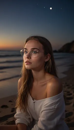 beautiful girl waering glasses sit in the beach look into the distance, wearing airpods, long hair, blue eyes, gentle and quiet girl, elegance, symmetrical features, full body portrait, starry night, hyper detail, depth of field, glowing colours, natural lighting prompts, photography, landscape, intricate design and details, vision, highest detail quality, wide angle, 16k, rtx ray tracing lighting