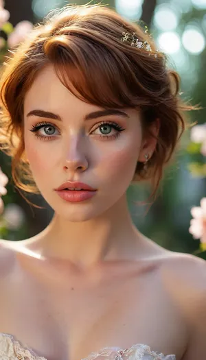 ziprealism, (avant-garde fashion esthetic, professional portrait), (f/2.8, f2.8, f28, (shallow depth of field), , , soft bokeh, face closeup, tight closeup, shot in profile, focus on eyes:1.4), (vibrant auburn hair with dark roots, short hair, swept-back hairstyle, flowers in hair), (catchlights, limbal rings, large expressive eyes, stunning eyes, long delicate eyelashes, perfect eyes), (full lips, soft lips, soft facial features), (white waterline eyeliner, doe-eye makeup), (adoration, loving gaze, in love), (flawless porcelain skin), <lora:MJ52:.8>, igbaddie, <lora:igbaddie-XL:.4>