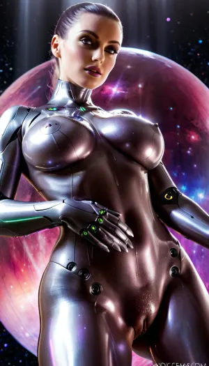 (masterpiece, best quality, ultra-detailed, cinematic lighting, 8k), Bright light in deep space countering perfect breasts of a nude female android floating in space, galactic nebula on background, body of liquid chrome and matte carbon fiber, exposed biomechanical joints, focus on breasts, breasts close-up, big sexy breasts, Robot Skin, Android, <lora:robot_skin_XL_1.0.6:.8>