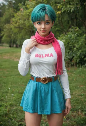 flawless, clean, masterpiece, professional artwork, famous artwork, perfect face, solo, bulma with medium breasts in a, (pink minidress with, (the word bulma on it)), and a belt with a fanny pack at green rocky outdoors with grass fields, aqua eyes, aqua hair, purple scarf, dragon, ball, blmpony, aqua, hair, ribbon, braided, ponytail, pink, shirt, belt, scarf, skirt, clothes, writing, brown, gloves, medium, breasts, blmsdup, bulma, one, side, up, dress, long, sleeves, collarbone, blmlong, blunt, bangs