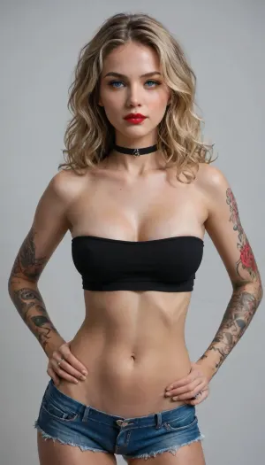 realistic, blonde woman, blue eyes, red lipstick, wearing a black strapless leather crop top, showing large breasts, tight denim shorts with multiple rips, black choker with a silver ring, left arm tattoo sleeve with colorful designs, right thigh tattoo, standing against a plain gray background, confident pose, hands on hips, long wavy hair, fair skin, slim and toned physique, no background objects, soft lighting, high contrast, detailed textures, slight shadow behind her, looking directly at the viewer, fashionable and edgy, modern fashion, realistic shadows and highlights, vibrant colors, detailed rendering, digital painting, professional quality