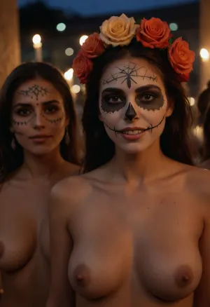 Multiple women, Group of Busty naked Mexican women next to eachother in a public square with catrina face painting, no clothes, D14, D3, L0s, Mu3rt0s, female, painted, skull, roses, candles, panoramic view, full body view, masterpiece, 32k, very detailed, atmospheric lighting, perfect lighting, perfect centered, ultra realistic, phitorealisn, perfect anatomy, peferct teeth, perfect eyes, realistic skin structure, <lora:Día_De_Los_Muertos:1.5>