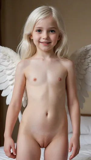 completely nude, young, (((8-year-old))), female angel with white wings, white hair, cute smile, pale skin, fat thighs, shaved pussy.