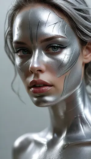 Marvel comics, sexy female Silver surfer, silver face paint, silver face, <lora:MJ52:.4>, silver eyes, perfecteyes, <lora:PerfectEyesXL:.8>