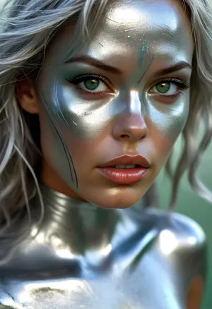 Marvel comics, sexy female Silver surfer, silver face paint, <lora:MJ52:.4>, green, eyes, blue, brown, perfecteyes, <lora:PerfectEyesXL:.8>, but, <lora:BUT_SDXL_SHS:.8>