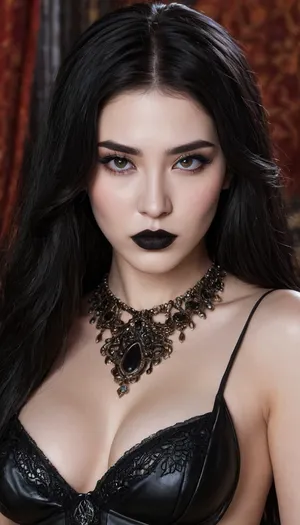 (Melkor Mancin art style), gothic, goth, (asian), pale skin, dark black eyes, black hair, bangs hair, black eyeliner, (black lipstick), white skin, perfect eyes, small eyes, detailed eyes, small nose, good anatomy, ultra detailed, high resolution, fake breasts, slut face, whore, (ahegao:1), sexy posing