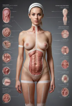 funny Detailed scientific textbook diagram showing the anatomy of an adult coquettish women. she wears bandages. Labels refer to "function", "purpose", "storage system". Includes serious scientific footnotes and cross-sectional views of unexpectedly complex biological systems. #©KITTYART

























#©KITTYART