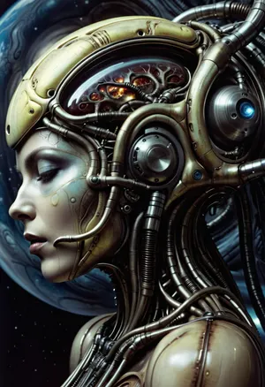 Side view, low angle, Android woman floating in deep space space, her body is fusion of organic and machine, Exposed ribcage of interlocking hydraulic pistons, half-smooth chrome and half-exposed cranial circuitry head, planet on background, Hyperdetailed render by H.R. Giger and Zdzisław Beksiński, Oily metallic textures with visceral organic sheen, Volumetric lighting, Cold neon blue, (engine core), Sickly yellow, (neural nodes), Blood crimson, (hydraulic fluid leaks), Masterpiece, 8K, cinematic, giger, <lora:hrg:.8>