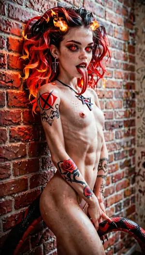 Young athletic girl 18 years old crucified on a wall with a pentagram. Sexual ritual, naked. Demoness, showing her snake tongue. Obsessed. Fiery hair, freckles. Sexy, striptease. Flirts, seduces. Long Demon Claws. Satanic Tattoo.