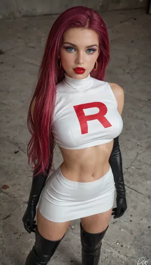 1girl, (Pokémon’s Team Rocket Jessie cosplay), Pokémon’s Jessie Team Rocket lookalike, beautiful supermodel, hiper detailed body, 25yo, oval-shaped face, high cheekbones, defined jawline, pointed chin, smooth fair skin, large blue eyes, long dark eyelashes, thin eyebrows, straight slim nose, full lips, red lipstick, purple eyeshadow, tall, slim and fit figure, narrow waist, defined hips, long toned legs, moderate natural bust, elegant, toned but feminine physique, (very-long straight magenta hair), (white crop top with, (logo red “R”)), white tight skirt, thigh-high black boots, black satin gloves, bitchy look, (best quality), (highly detailed), (ultra-realistic), view from above, playing with herself., 4ng3l, face, <lora:SDXL_BetterFaces-LoRA_v1:.8>