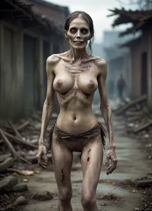 (Smiling zombie:1.4), An unnaturally skine mature Asian female zombie in full height. Her face is untouched and looks magnificent. Her anorexic figure is emphasized by torn clothing that exposes her skeleton. High-heeled shoes elongate her bony legs, large breasts, torn clothes, (one breast exposed:1.5), walking through a destroyed post-apocalyptic deserted Seoul, z0mb13, <lora:Zombie_XL_z0mb13:.9>, <lora:HellAI_XL-000011:.1>, <lora:Stunning_eyes_2:1.1>, <lora:EmmaWatsonFace2012-2017_resolution2048_v1.0-000025:1.2>, <lora:RPGSkeletonXL:.1>