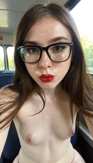 Sexy young girl, sitting, leaning forward, 26 years old American woman, brown long straight hair, white skin, thin, flat small chested, huge aureolas, big black eyes, red lips, white nipples, little lips, freckles on face, big black eyebrows, oiled shiny skin, skin reflects sunlight, round cheeks, very cute and sexy, small nose, sad and very worried, in the morning, rhinoplasty, crowded public bus, middle body view, nerdy, glasses, extremely hairy pussy
