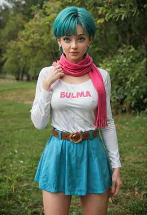 flawless, clean, masterpiece, professional artwork, famous artwork, perfect face, solo, bulma with medium breasts in a, (pink minidress with, (the word bulma on it)), and a belt with a fanny pack at green rocky outdoors with grass fields, aqua eyes, aqua hair, purple scarf, dragon, ball, blmpony, aqua, hair, ribbon, braided, ponytail, pink, shirt, belt, scarf, skirt, clothes, writing, brown, gloves, medium, breasts, blmsdup, bulma, one, side, up, dress, long, sleeves, collarbone, blmlong, blunt, bangs