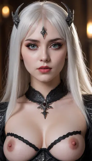 (Melkor Mancin art style), gothic, goth, (asian), pale skin, clear white eyes, white hair, bangs hair, white eyeliner, (white lipstick), black skin, perfect eyes, small eyes, detailed eyes, small nose, good anatomy, ultra detailed, high resolution, fake breasts, slut face, whore, (ahegao:1), sexy posing