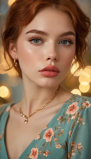 ziprealism, (avant-garde fashion esthetic, professional portrait), (f/2.8 shallow depth of field, creamy bokeh, tight headshot, layered composition with subtle foreground, focus on lips:1.4), (vibrant auburn hair with coppery highlights, short hair, swept-back hairstyle, flowers in hair), (catchlights, limbal rings, large expressive eyes, stunning eyes, long delicate eyelashes, perfect eyes), (full lips, soft lips, moist lips, pouting lips:1.3), (white waterline eyeliner, doe-eye makeup, soft blush, soft facial features), (expression of deep adoration, loving gaze, in love, subtle warmth in eyes), (porcelain skin, natural skin texture), (subtle freckles, subtle skin imperfections:.4), <lora:MJ52:.8>, igbaddie, <lora:igbaddie-XL:.4>