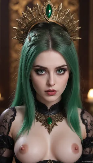 (Melkor Mancin art style), gothic, goth, (indian), pale skin, green eyes, green hair, bangs hair, green eyeliner, (green lipstick), white skin, perfect eyes, small eyes, detailed eyes, small nose, good anatomy, ultra detailed, high resolution, fake breasts, slut face, whore, (ahegao:1), sexy posing