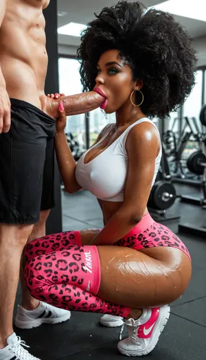 18 year old woman with black African skin, black skin, big silicone xxl breasts, big xxl ass, high black afro hair, thick thighs, thin waist, wearing leopard leggings, pink Topper, Nike Air Jordan sneakers, tight clothes showing off her beautiful curves, sweaty body, in a gym, green eyes, big beautiful eyes, big pink mouth, silicone mouth, big eyelashes, oral sex with a white man with a big xxl penis, big white penis xxl, woman squatting, big and thick, penis full of throbbing veins, hand on the penis, grabbing the penis, super wide penis, penis twice the size of the girl, <lora:MJ52:.8>, <lora:add-detail-xl:.8>, <lora:Pink_Lips:.8>, bmbplora, <lora:bimboxl_02:.8>, huge, cock, anime, hugest, man, ever, cumming, <lora:255484_training_data:.8>