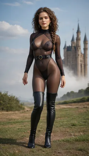 (fantasy:1.1), 1girl, mature, big hair, very long hair, braid, (translucent:1.2), bodysuit, (see-through clothes:1.1), (transparent:1.1), shiny, glistening, skin tight, see-through legwear, belt, high heel boots, thigh boots, looking at viewer, (dynamic pose:.7), outdoors, outside, field, (castle in background:.9), sky