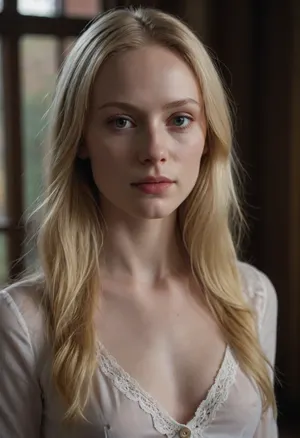 A very realistic portrait of a Scandinavian woman called Fiona, early 30s, long wild blonde hair, sharp face with high cheekbones, (pale skin:1.5), very small breasts, (thin:1.4), and skinny, wearing a white blouse with lace details, top button unbuttoned, shot on 50mm lens at f/2.0 aperture, natural light, warm light, 8K highest definition, <lora:ahxl_v1:1.6>