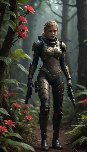 photorealistic image, 8K quality, Deathworld, Deadly Dark Jungle of Pyrrhus, ((many night glow carnivorous flowers, plants covered with poisonous thorns)), a young woman in an armored spacesuit, with a gun in her hand, walks along a path, a thornwing sits on a tree branch, full body in frame, side view