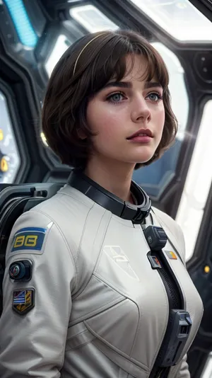 (AlSe:.8), young brunette, bobcut, on the background of a futuristic space landscape, maximum details, <lora:AlSeReal:.5>