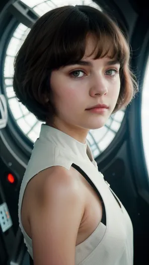 (AlSe:.8), young brunette, bobcut, on the background of a futuristic space landscape, maximum details, <lora:AlSeReal:.5>