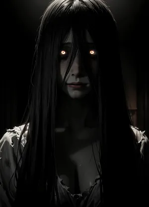 score_9, score_8_up, score_7_up, score_6_up, (animated, 2d, anime style), (((Sadako Yamamura))), 1girl, solo, long hair, black hair, very long hair, (mess hair), impossible clothes, hair over eyes, torn evening dress, grey skin, impossible dress, yamamura sadako, hair over one eye, (((yandere, psychosis, possession, dangerous, crazy))), blush, (heavy breathing), steam, (bags under eyes), night, television, sweat, head tilt, smile, (wavy mouth), cleavage, (huge veiny breasts, sagging), ((close up)), (night, dark room), (red glowing eyes), ((on all four, crawl forward)), glitches, lean forward, (gothic style, dark theme, low light, cold colors, nightmare, (<lora:dark:1>))