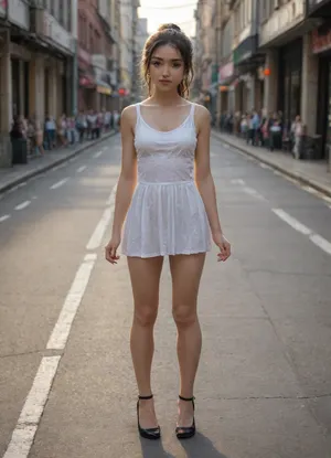 Realistic images, from the front, Japan girl, 18 years old, fair-skinned, petite, cute, beautiful, idol, big eyes, ponytail, short miniskirt, black high heels, bright sun, streets around the city, walk, From the bottom, 