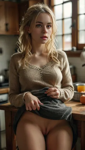 woman, lying on table, in kitchen, blonde, 25 year old, taking off pantyhose, pulling down pantyhose, down panties, show hairy pussy, sweater, hairy pussy, surprised, skirtlift, <lora:skirtlift_xl:.5>, raw, <lora:MJ52:.8>, <lora:style_lora_realis:.8>, fingering, pussy, <lora:2FingersSDXL_v03:.8>, <lora:342122_training_data:.8>