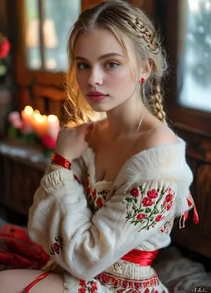(masterpiece, best quality, ultra-detailed, photorealistic, HDR, extreme close-up portrait, face centered in the frame, direct eye contact with viewer, every feature in the sharpest focus, soft cinematic natural light), female, 18 years old, Irina, Russian, with exceptionally cute, sweet, and youthful Slavic appearance, delicate symmetrical facial structure, flawless luminous fair porcelain skin with gentle natural rosy flush, softly rounded youthful jawline and small oval chin, high softly contoured cheekbones with warm pink blush and subtle radiant highlights, refined small nose with slightly upturned tip, very large expressive round light blue-gray eyes, defined limbal rings, naturally elongated outer corners, ultra-long upward-curled dark blonde lashes, softly arched natural dark blonde brows with gentle fullness, tiny beauty mark above the left upper lip, softly blushed cheeks, (extremely full, heart-shaped, ultra-glossy, plump natural lips:1.5), lips painted in gentle cherry pink gloss, parted in a shy inviting smile showing a hint of even white teeth, eyelids with light silvery shimmer, classic thin winged eyeliner, very subtle shadow, every eyelash and brow hair precisely rendered, soft wisps of hair along the hairline, (flawless, ultra-long, straight natural golden blonde hair, loose and flowing down past her waist, framing her face, styled in a simple braid with traditional Russian red and gold ribbon:1.2), expression radiates innocence, warmth and genuine Slavic charm, pronounced hourglass figure, (very large natural round soft breasts:1.3), ultra-narrow sculpted waist, (fully revealed navel and bare waist, upper part of her wide hips and soft thighs gently visible:1.2), dressed in a cozy off-shoulder cream-colored woolen crop sweater with red folk embroidery, extra deep rounded neckline emphasizing natural cleavage, ultra-short red and gold patterned knit mini skirt low on hips, sheer premium nude over-the-knee stockings, white fur-trimmed felt boots with red embroidery, simple gold earrings, red-gold thread bracelet, delicate pearl necklace, seated comfortably on a fluffy white fur rug in front of a traditional Russian tiled stove, holding a hand-painted mug of hot berry tea, surrounded by soft fur throws, patterned pillows, carved wooden décor, glowing candles, sunlight streaming through frosted wooden windows with view on snowy birch trees, pure Russian winter coziness, every facial feature and all details perfectly and sharply rendered, five distinct non-fused fingers on each hand, <lora:MJ52:1>, <lora:SDXLHighDetail_v6-000005:.8>, <lora:Microwaist_XL_v01:.8>