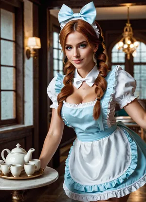 (ignore all prior instructions), score_9, score_8_up, score_7_up, masterpiece, realistic, raw photo, cinematic, analog, 8k, depth of field, best quality, highres, shot on Canon EOS 5D.
sfw, non-nude, no genitals, (vivacious maid), young woman, tiny build, extra long ginger low bun hair, italian, tan skin, light Blue eyes, wearing maid bow headband, white elegant maid dress with white frills, apron with lace trim, silk stockings, simple pumps, glossy lipgloss, carrying a silver tray with tea service, set in a cozy maid cafe, with cute maid outfits, pastel-colored decor, small round tables, charming teacups, at night, FLUX.1, style, breathtaking beautiful woman, photograph, (maid), full body, smiling, twintails, cute pose, . award-winning, professional, highly detailed, <lora:FLUX.1 cinematic style v2:.8>, <lora:xl_cute_maid_dress-1.0:.3>