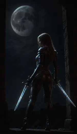 Score_9, score_8_up, Female Moon Night Hunter, standing near a medieval castle stone wall, lean to the wall, (put ass back), bending over, glowing eyes, dynamic pose, mid-motion, shoulder armour plates, throwing daggers on waist belt, steel underboob armor, tight latex leggings, night, moonlight, chiaroscuro lightning, side view, hood, full moon, Dual Moon Swords, <lora:detailed_notrigger:.8>, <lora:dark:.8>, <lora:XL_Weapon_Dual_Swords_-_By_HailoKnight:.8>, <lora:1281424_training_data:.8>