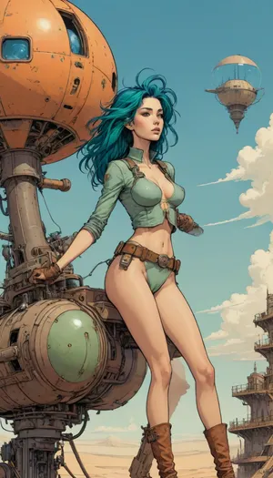 score_9, score_8_up, score_7_up, woman flying high on a mechanical bird machine, (A detailed drawing with clean lines, flat colors, line art, no gradients, green and blue and orange palette), realistic anatomy, wind-swept hair, steampunk, deset wasteland, clouds, sand storm, desert city down below, Moebius, detailed face, (Jean Giraud), page, lineart, <lora:Moebius (Jean Giraud) Style:1>, <lora:outline_xl_kohaku_delta_spv5x:1.1>, <lora:lineartSDXL:.8>