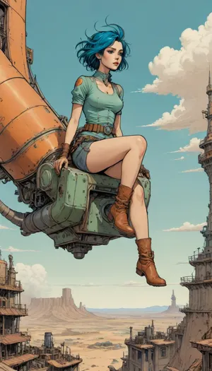 score_9, score_8_up, score_7_up, woman flying high on a mechanical bird machine, (A detailed drawing with clean lines, flat colors, line art, no gradients, green and blue and orange palette), realistic anatomy, wind-swept hair, steampunk, deset wasteland, clouds, sand storm, desert city down below, Moebius, detailed face, (Jean Giraud), page, lineart, <lora:Moebius (Jean Giraud) Style:1>, <lora:outline_xl_kohaku_delta_spv5x:1.1>, <lora:lineartSDXL:.8>