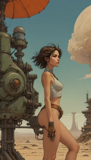 score_9, score_8_up, score_7_up, woman flying high on a mechanical bird machine, (A detailed drawing with clean lines, flat colors, line art, no gradients, green and blue and orange palette), realistic anatomy, wind-swept hair, steampunk, deset wasteland, clouds, sand storm, desert city down below, Moebius, detailed face, (Jean Giraud), page, lineart, <lora:Moebius (Jean Giraud) Style:1>, <lora:outline_xl_kohaku_delta_spv5x:1.1>, <lora:lineartSDXL:.8>