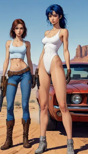 score_9, score_8_up, score_7_up, source_anime, woman posing with rifle next to rusty ford mustang, (A detailed anime drawing with clean lines and meticulous shading, flat colors, line art, no gradients, blue and red palette), realistic anatomy, wasteland, deset, western style, sand storn, Moebius, detailed face, (Jean, Giraud), page, lineart, <lora:Moebius (Jean Giraud) Style:1>, <lora:outline_xl_kohaku_delta_spv5x:1.1>, <lora:lineartSDXL:.8>