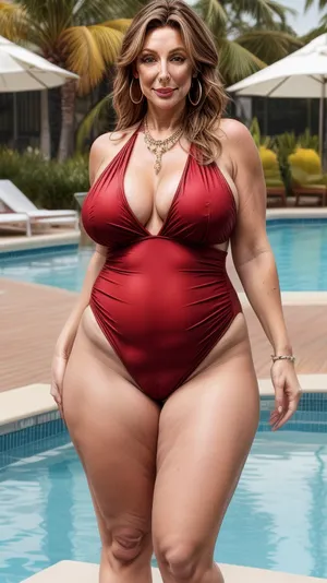 mature, 50 years old, hair with darker roots, fair skin, hoop earrings, necklace, wide hip, culottes, thick legs, very saggy, at the fancy hotel by the pool, full body view, looking at the camera, chubby face, charming, full coverage very high waist red one-piece swimsuit, wide hips, (fupa), (plump waist), muffintop, belly, (cameltoe), milf, <lora:more_details:.8>, <lora:add_detail:.8>, <lora:mommyfy_V1:.3>, <lora:Milf:.8>