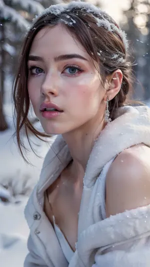 (snow_mountain, snowing), leaning forward, (looking at viewer), (parted lips), happy, hiqcgbody, unparalleled masterpiece, ultra realistic 8k CG, clean, beautiful face, shiny skin, (skindentation), best quality, ultra high res, (photorealistic:1.4), <lora:G.E.M.001-000018:.2>