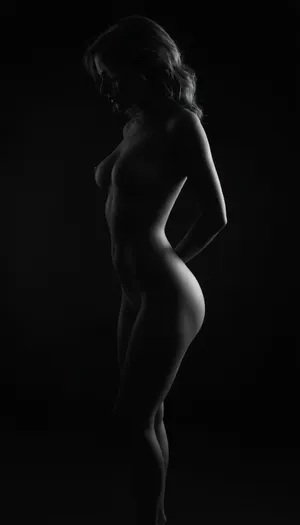 dark background, girl silhouette, sexy poses, nude perfect body, monochrome, realistic, 4k, high quality, art