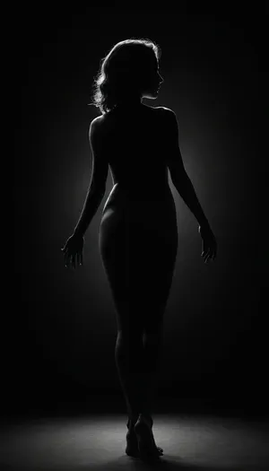 dark background, girl silhouette, sexy poses, nude perfect body, monochrome, realistic, 4k, high quality, art