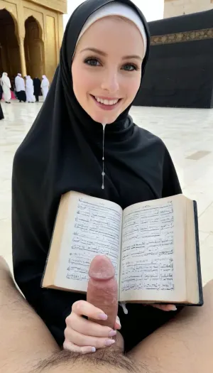 hijab girl, very hairy dick pov, smile, holding dick, reading quran, pale skin, skinny, in front of kaaba, cum dripping