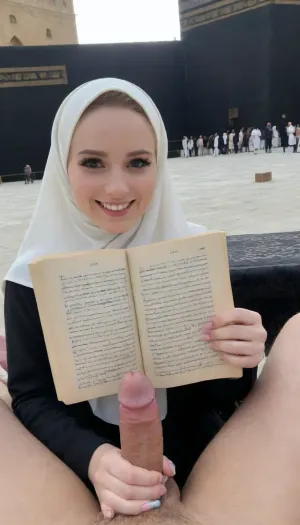 hijab girl, very hairy dick pov, smile, holding dick, reading quran, pale skin, skinny, in front of kaaba