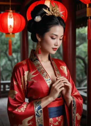 Under the soft glow of vermilion lanterns, their silk shades painted with golden cranes, the aristocratic woman stood like a relic of a forgotten dynasty. Her voluptuous figure was draped in a hanfu of midnight-blue damask, embroidered with silver peonies that shimmered like trapped moonlight. The wide sleeves cascaded like waterfalls, their edges stitched with intricate cloud motifs, while the high-waisted skirt flowed around her like liquid ink, whispering against the polished cedar floors. Her hair, an obsidian cascade, was pinned into an elaborate tang dynasty-style updo, adorned with delicate gold hairpins shaped like phoenix feathers and a single jade comb carved with lotus blossoms. A faint dusting of pearl powder highlighted her high cheekbones, and her lips, painted the deep red of pomegranate seeds, curved in a knowing smile. The pagoda’s interior embraced her like a jeweled reliquary—lacquered pillars entwined with carved dragons, the air thick with sandalwood incense. Paper lanterns cast flickering patterns across the walls, their light catching the glint of her heavy silver bracelets, each etched with ancient poetry. But the most striking detail? The single streak of white in her otherwise jet-black hair—a deliberate defiance of time, a mark of wisdom and unspoken power. Her eyes, dark as aged wine, held secrets older than the pagoda itself, and when she moved, the scent of plum blossoms and something faintly dangerous—perhaps opium, perhaps poison—lingered in her wake. She was not just beautiful. She was a warning in silk., (correct female fingers:1.4), (masterpiece, best quality, ultra realistic, 32k, RAW photo, detail skin, 8k uhd, dslr, high quality, film grain:1.2), <lora:add-detail-xl:.8>, large, breasts, big, boobs, huge, tits, <lora:bombshell_v2:.8>, <lora:681678_training_data:.8>