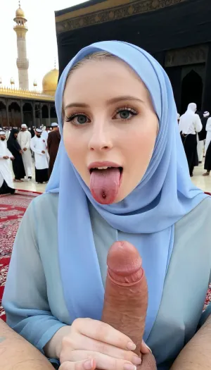 Transparent hijab, one hand on tounge, tounge out, sitting, pale skin, holding man dick and looking dick, in front of kaaba, girl looking around