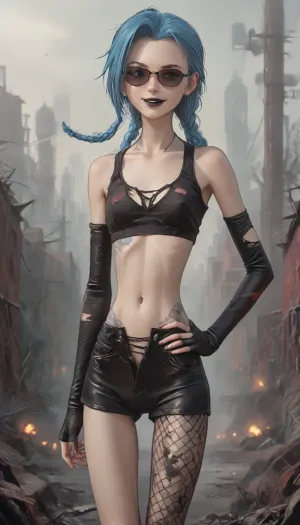 score_9, score_8_up, score_7_up, score_6_up, ((jinx:1.4)), (style anime:1.6), (inspired illustration, ratatatat74:1.6), (skinny:1.9), (small waist:1.9), (cute-innocent:1.4), big thick lips, (seductive:1.3), (dimples:1.3), (big leather elbow gloves:1.2), (slim legs:1.4), leather mini-shorts, (torn fishnet pantyhose:1.2), (apocalyptic background:1.5), (small unbuttoned open leather mini-tanktop:1.4), hand on hip, (flat chest), (long hard erect nipples), (fully black sunglasses:1.5), (bare belly:1.3), (smirk:1.3), (big thick lips:1.3), (sleeveless:1.2), (black lipstick:1.2), (blue hair), <lora:ratatatat74-000050:.6>, <lora:outline_xl_kohaku_delta_spv5x:2>, <lora:cartoon_stickers_xl_v1:.5>, <lora:NEOTOKIOXL_0.2_RC:.4>, <lora:AshMilkshake_Illustrious_v1:2>