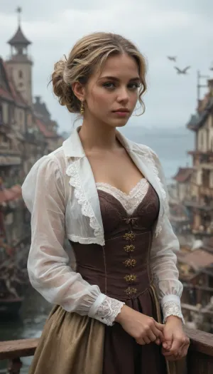 steampunk, girls, steampunk blonde girl, steampunk dark-skinned girl, detectives, on the deck of a steamer, picturesque steampunk village on the shore, English watercolor, haze, seagull in the sky